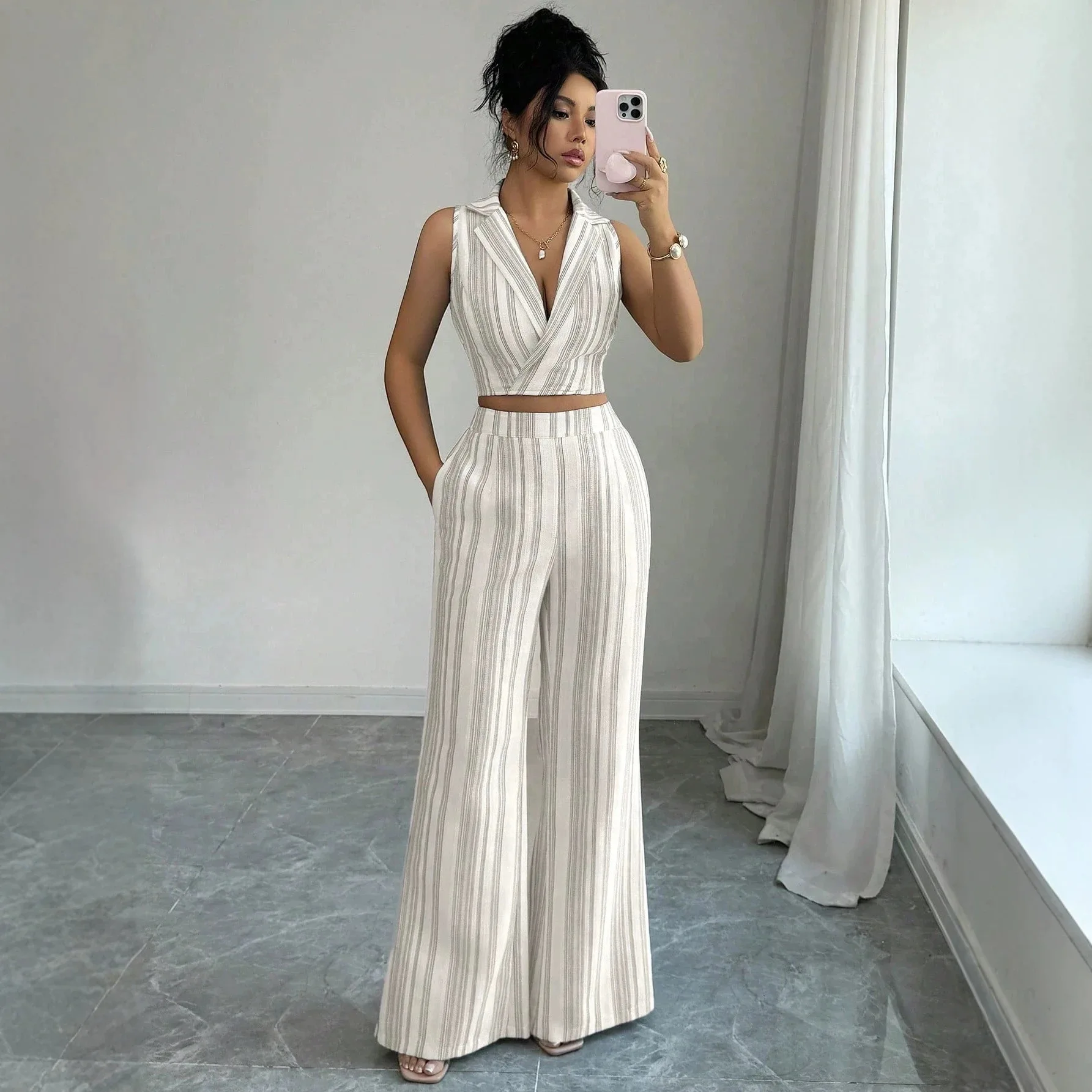 2026 New Elenzga Women's Striped Two-piece Set, Elegant Summer Vacation Texture Summer Long Dress Femme Party Elegant Bandage