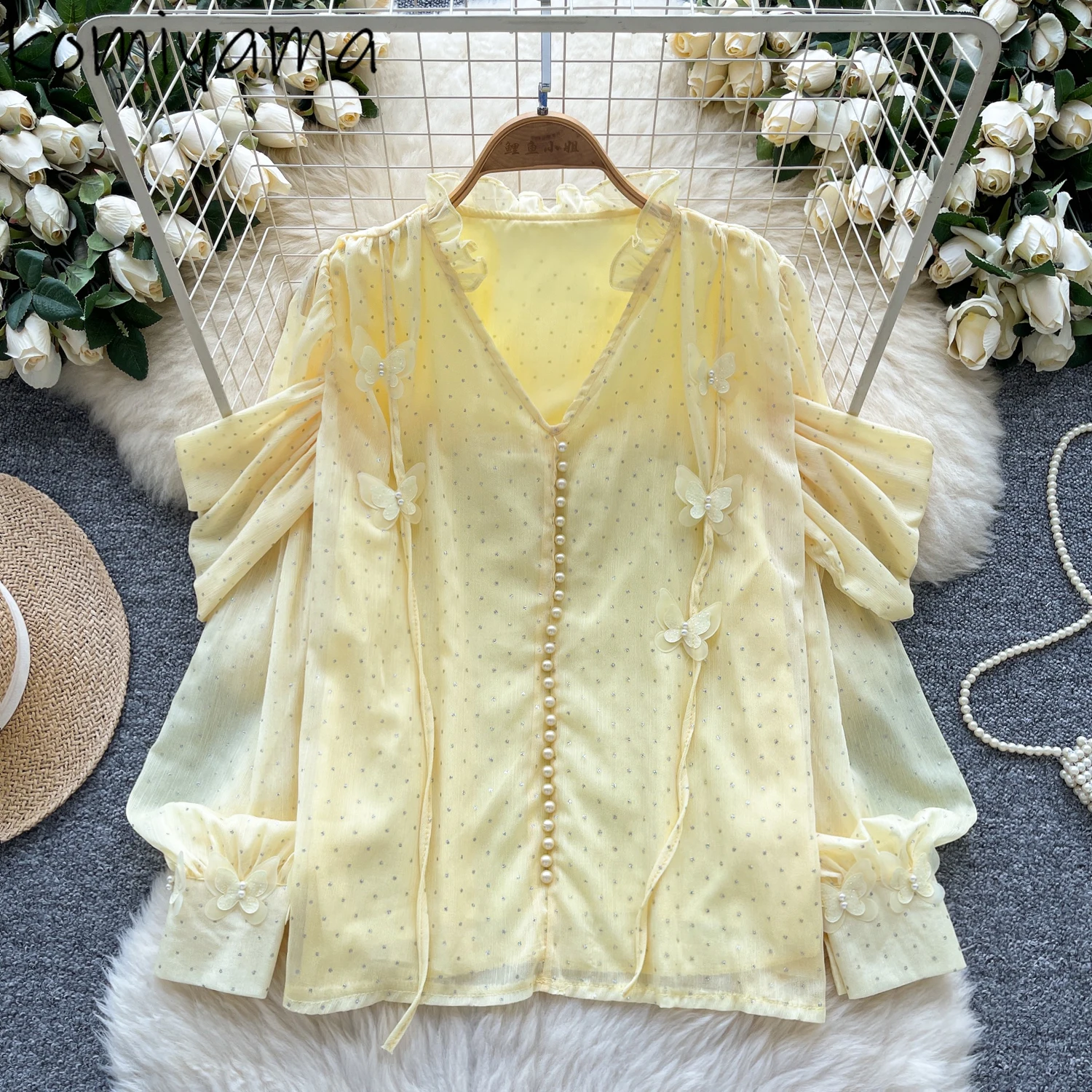 

3d Bow Ribbon Woman 2025 Shirts & Blouses Beads Single Breasted Blusas Mujer V-neck Long Sleeve Ropa Gentle Clothing Camisas