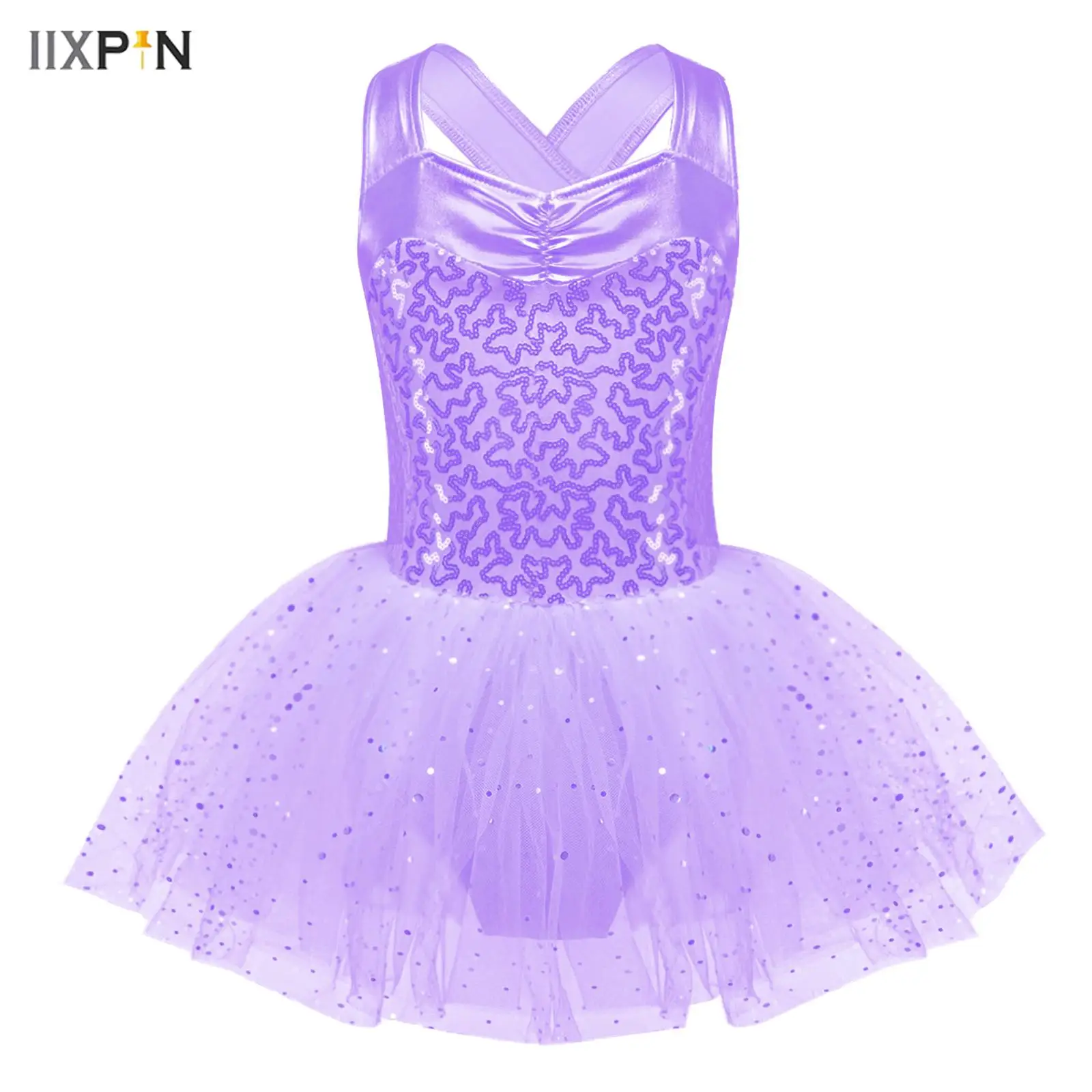 أطفال بنات الباليه توتو فستان بلا أكمام Ruched الخامس الرقبة لامعة الترتر تقاطعات الظهر شبكة تراكب تول ملابس رقص الجمباز فستان #1