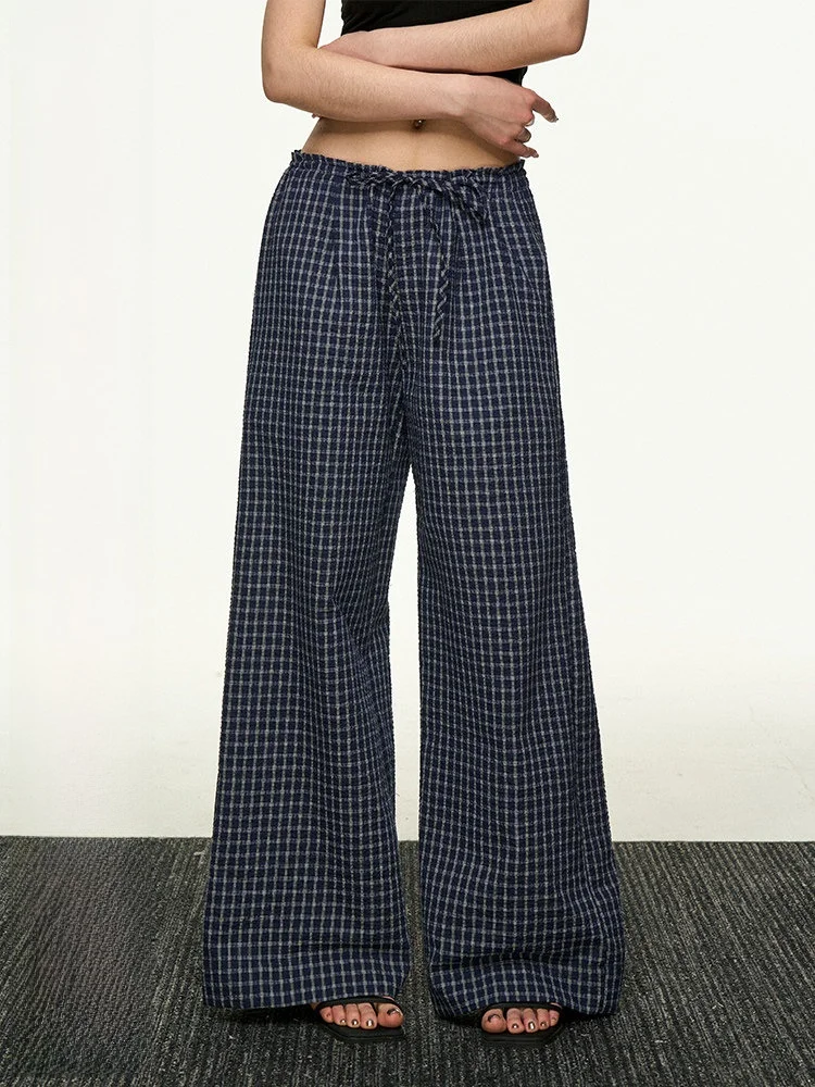 

Женские брюки Aaisup в американском ретро-стиле, в клетку, на шнурке, широкие, свободные, струящиеся, в расслабленном стиле, прямые, повседневные, весна-осень