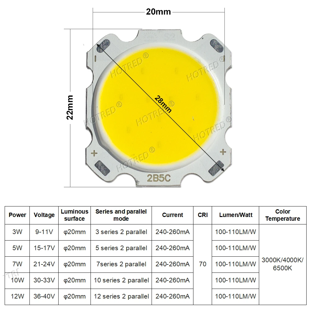 10pcs 28mm Round COB 3W 5W 7W 10W 12W Chip On Board LED Light Source Warm Nature Cold White for Spotlight Downlight Inside 20mm