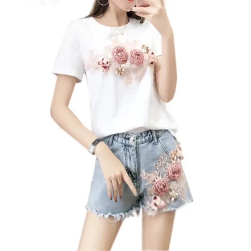 2023 Summer Short Jeans Suit Women's Three-dimensional Embroidery Jeans+Short Sleeve t Top Denim Short Pants Two-Piece Set 3XL