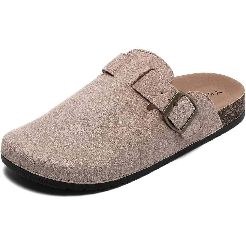 

Unisex Suede Leather Mules with Cork Sole, Adjustable Buckle, Arch Support and Slip-on Design