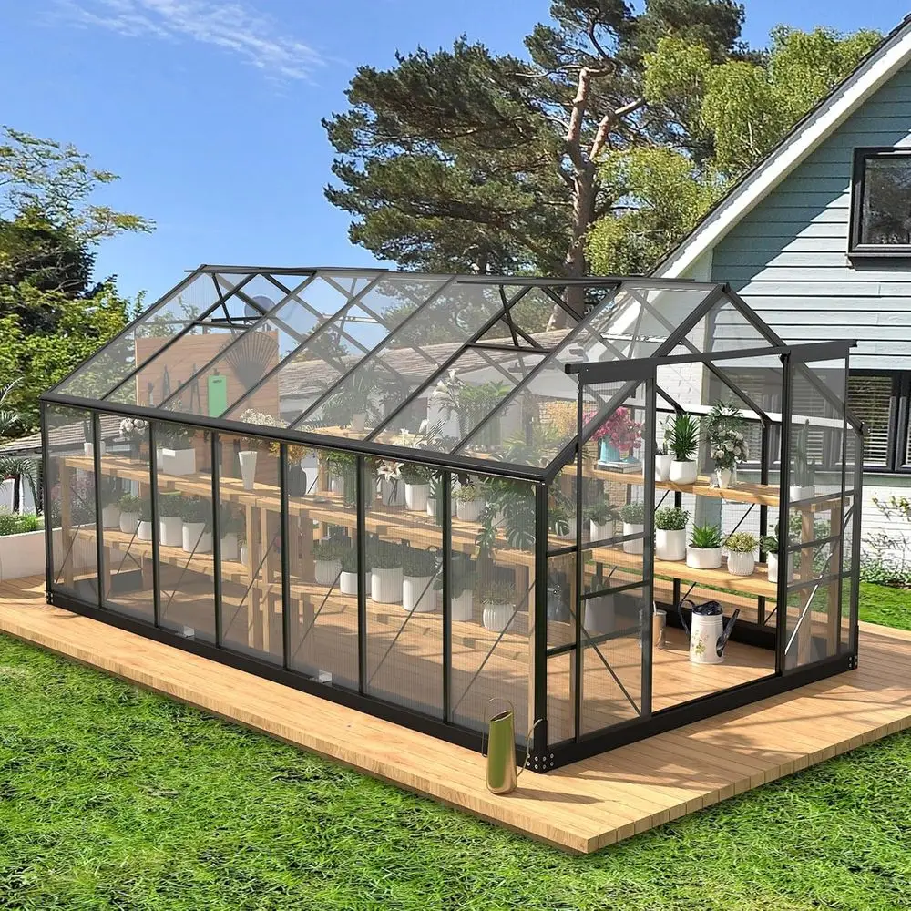 8x14.2ft T-Poly Greenhouse with 2 Adjustable Roof Vents, Windproof, Walk-In Sliding Door for Garden Use