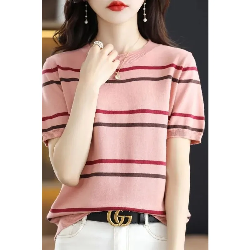 Women's Cotton Striped Knit T-shirt Short Sleeve Casual Summer Top
