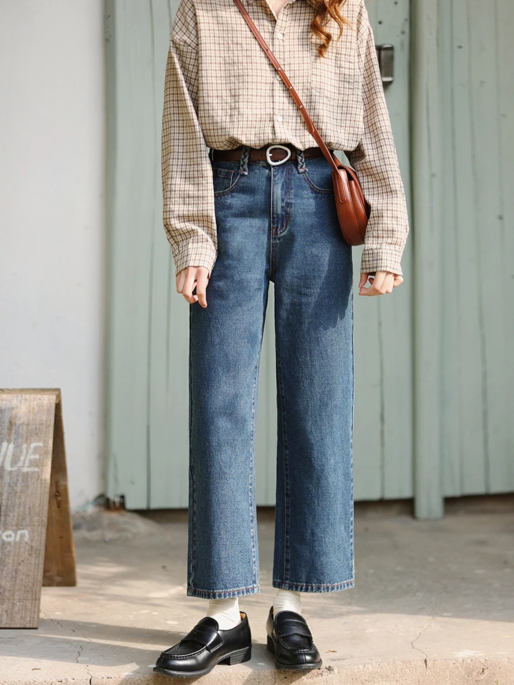 

Привлекательные прямые синие джинсы с высокой талией, женские утягивающие хлопковые джинсовые брюки в стиле ретро, весенний сезон, девять предметов