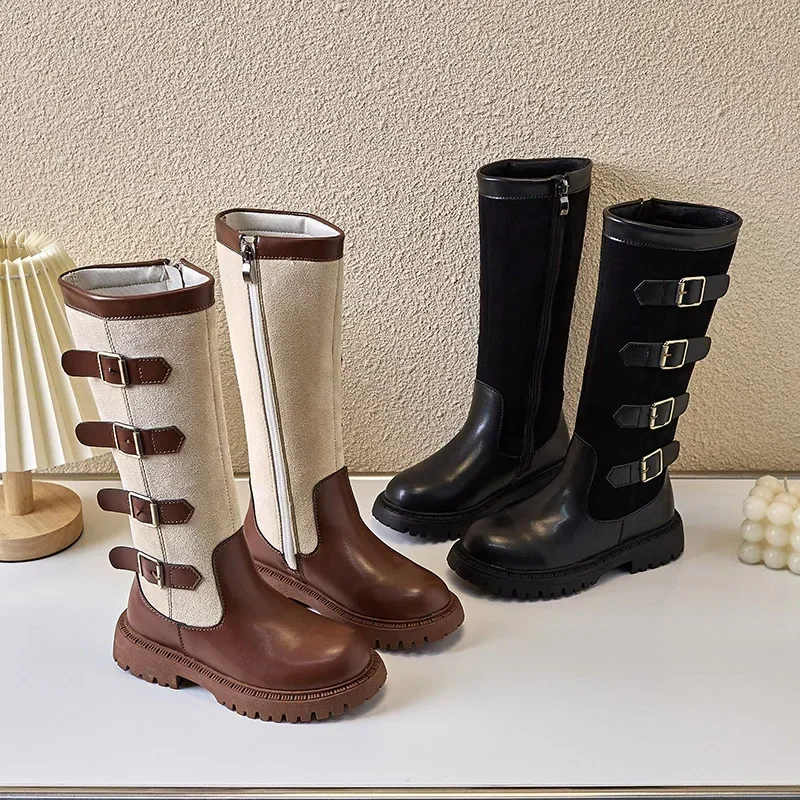 Botas altas para niñas 2024 Otoño Invierno nueva moda y cómodos zapatos de cuero de moda versátiles informales de estilo británico