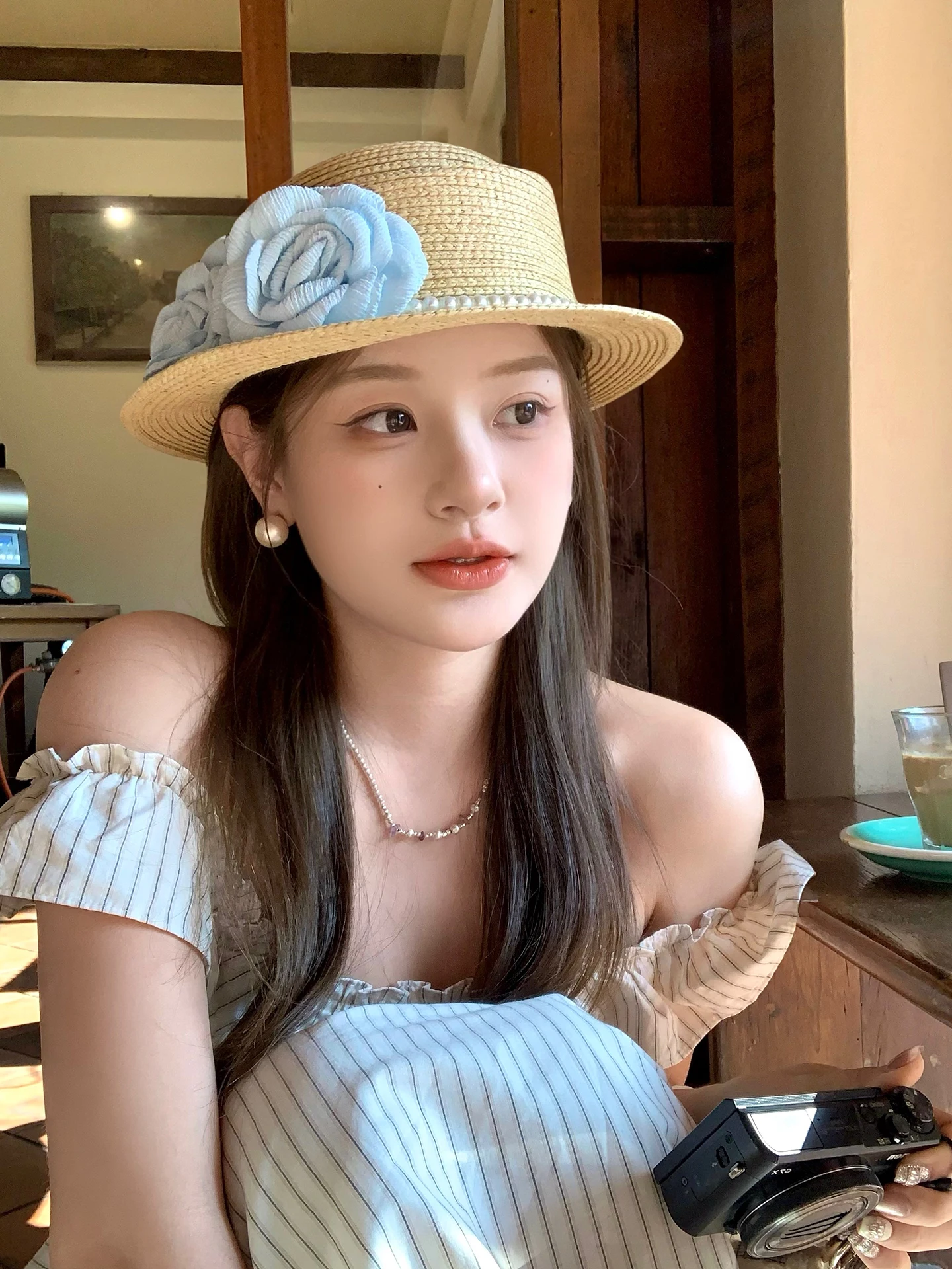 Elegant Pearl Flower Straw Hat Women's Style Spring Summer Sunshade Sunscreen Holiday Hat Country  Air Cap Feifei