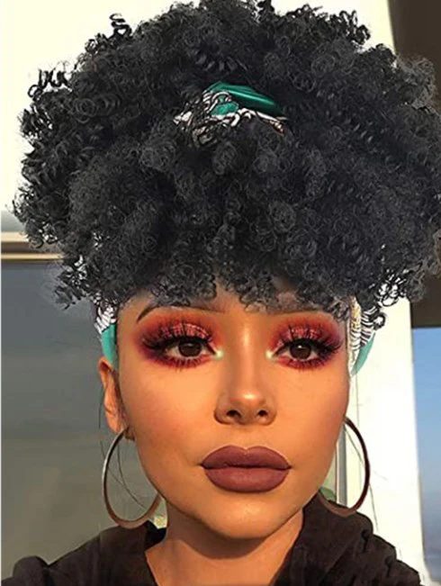 

Synthetic Hair Women's Short Afro Curly Headband Wig Soft Black with African Print Turban for Daily Party Cosplay Halloween Wear