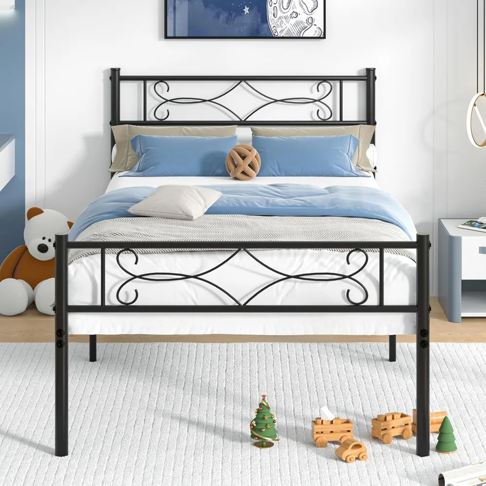 Twin Size Metal Platform Bed Frame with Headboard for Kids,Premium Steel Slat Support No Box Spring Needed,Noise-Free Anti-Slip