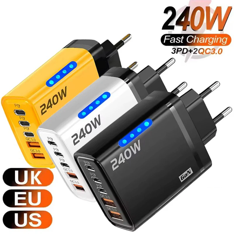240W Gan Schnellladegerät mit LED-Licht 2USB+3Type-C Multi-Port Schnellladegerät für iPhone15-17 Samsung Huawei Xiaomi
