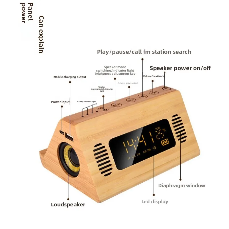 SOTAMIA 1개 솔리드 우드 블루투스 카드 오디오 시계 알람 시계 무선 충전 스피커 음성 방송 고음량