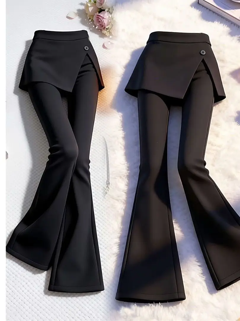 Fashion Slim Fit Asymmetric Design Curtain Apron Skirt Pants Micro Flared Pants Stylish Slimming Bell Bottoms Casual High Wai...