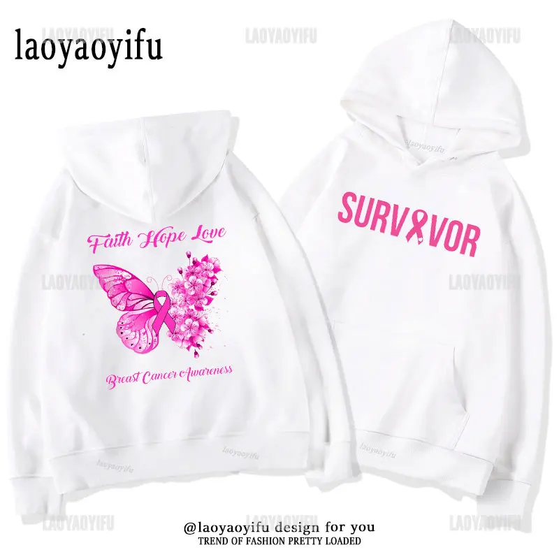 Love Fighting Breast Cancer Women Hoodies Pink Ribbon Breast-Cancer Awareness Support Letters Printed Thermal Hoodie Mom Gift