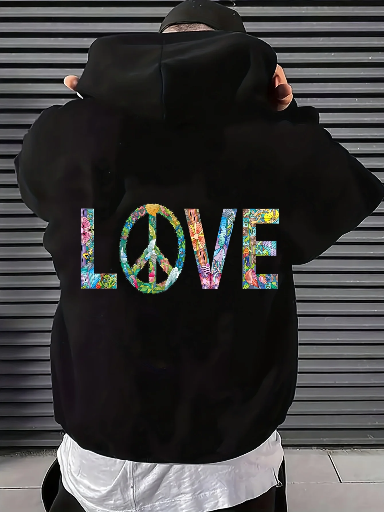 Men's Casual Hoodie, Love and Peace Floral Symbols, Vintage Hippie Style, Graphic Print, Plus Size, Long-Sleeve Pullover, Everyday Wear