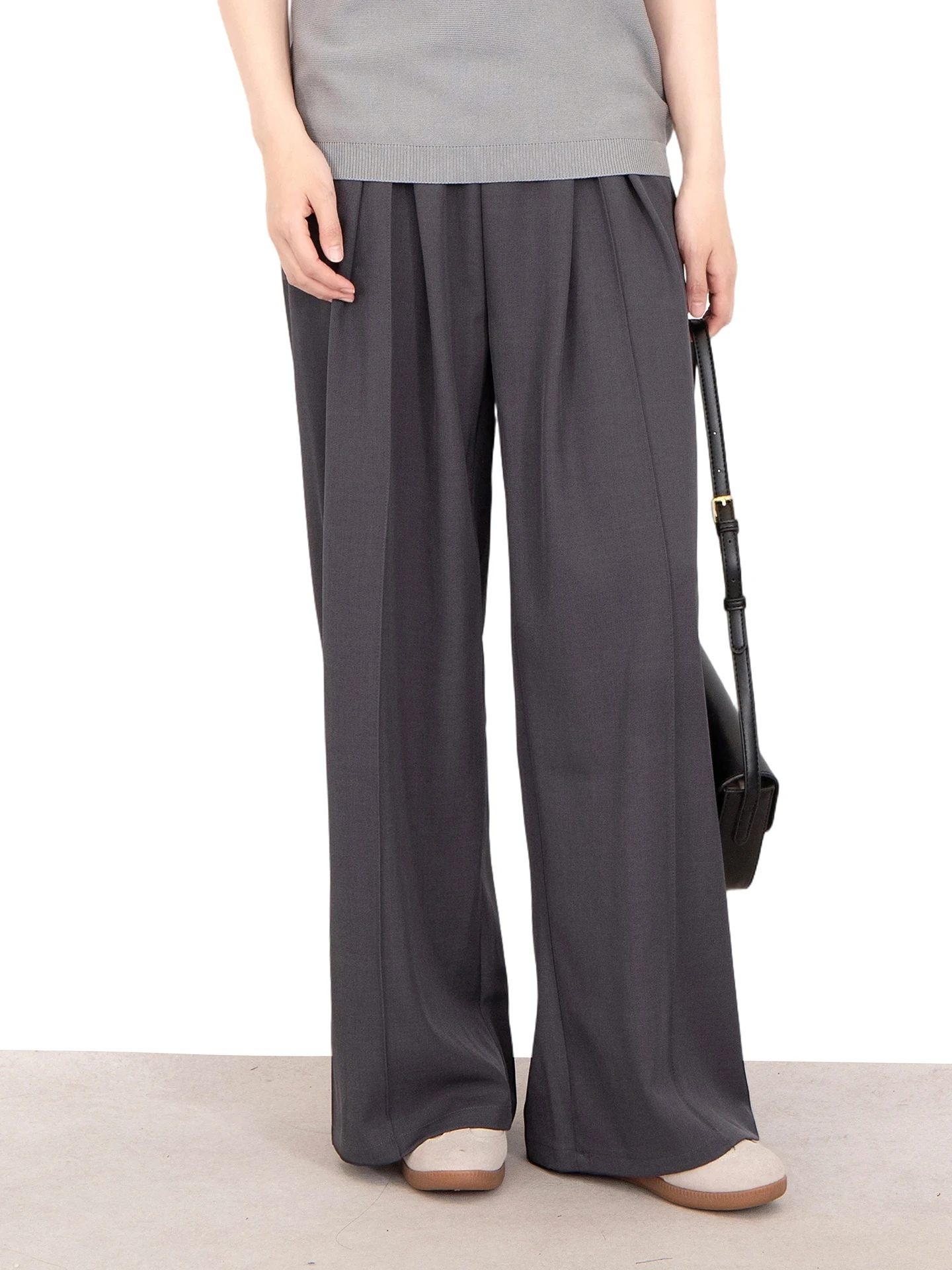 

New 2026 plus Size Draped Wide Leg Casual Pants Deep Grey Women's High Waist Polyester Suit Trousers Elegant Slimming Effect