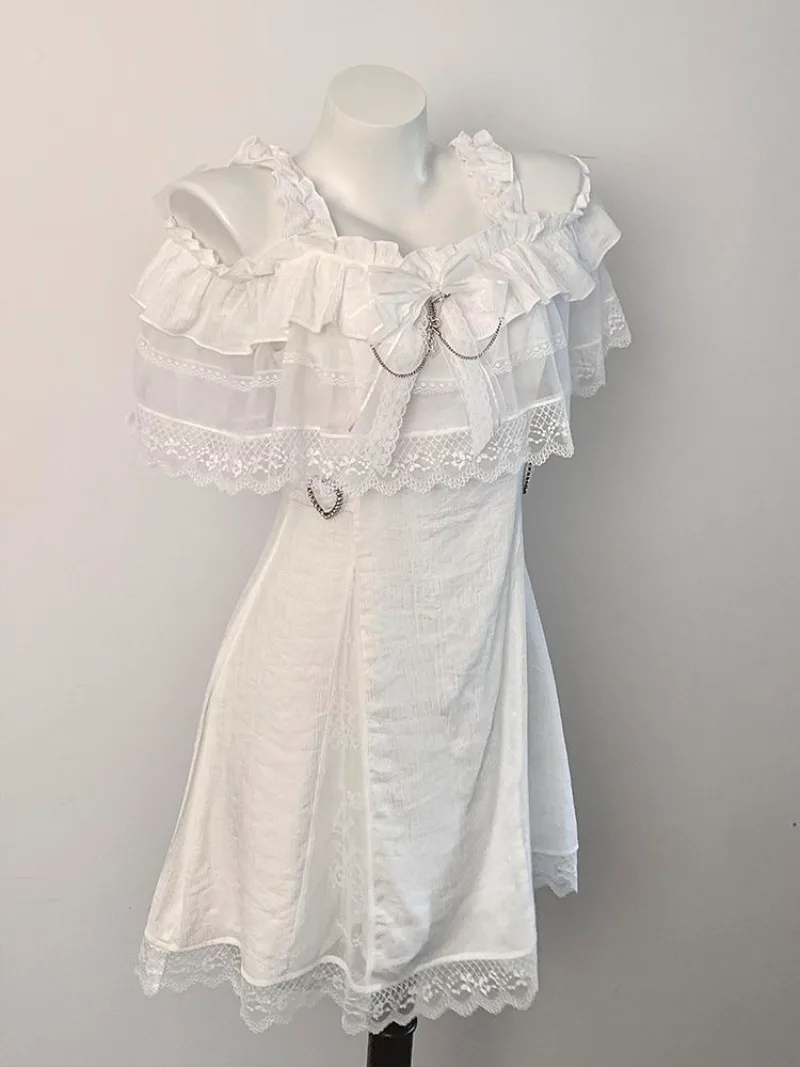 Kawaii فتاة لطيف الصيف الألغام نمط اليابانية ثقافة فرعية قصيرة الأكمام فساتين الدانتيل فتاة حلوة تنورة قصيرة Y2k فستان أبيض