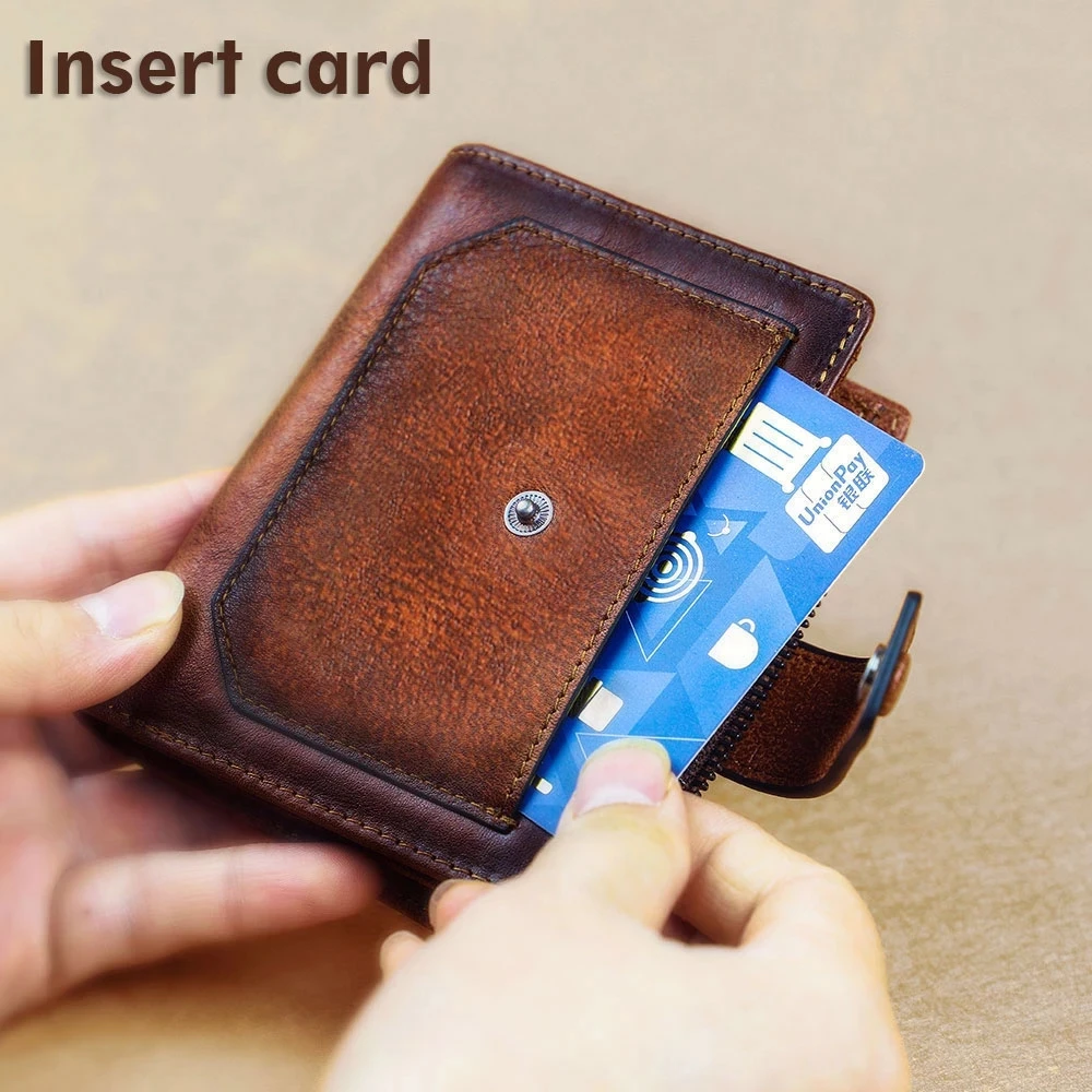 Vintage 100% Genuine Leather Men\'s Wallet RFID Blocking Trifold Short Multi Function Money Clip Large Capacity Zipper Coin Purse