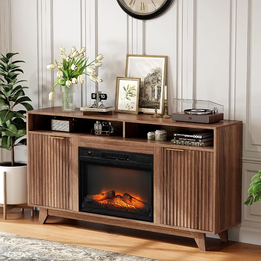 

VINGLI Fireplace TV Stand for up to 70 inch TVs with Fluted Design Electric Fireplace Heater Adjustable Shelves and Open Cabine