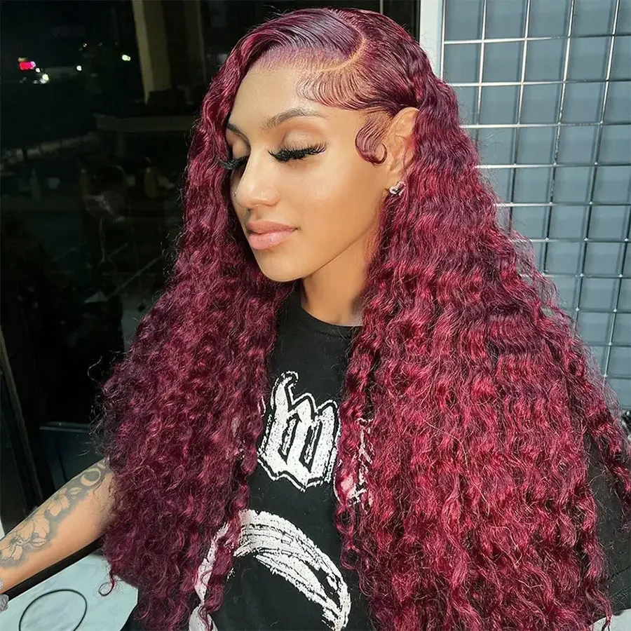 Curly 99j Burgundy 13x4 Lace Front Human Hair Wig Brazilian Red Color Deep Wave Lace Frontal Wig For Women 28 30 32 Inches Water