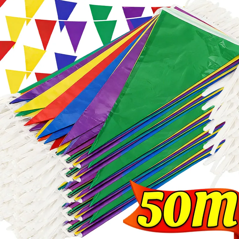 Colorful Triangle Flags Bunting 10/50M Pennant String Banner Waterproof Garland Wedding Birthday Party Festival Hanging Decor