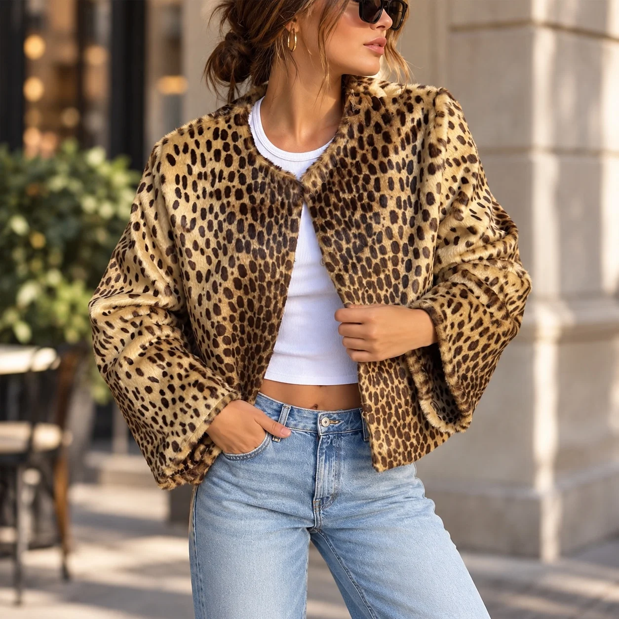 Short Length Leopard Print Coat Regular Fit Private Celebrity Style with Single Breasted Multi Button Cropped Thick Women Jacket