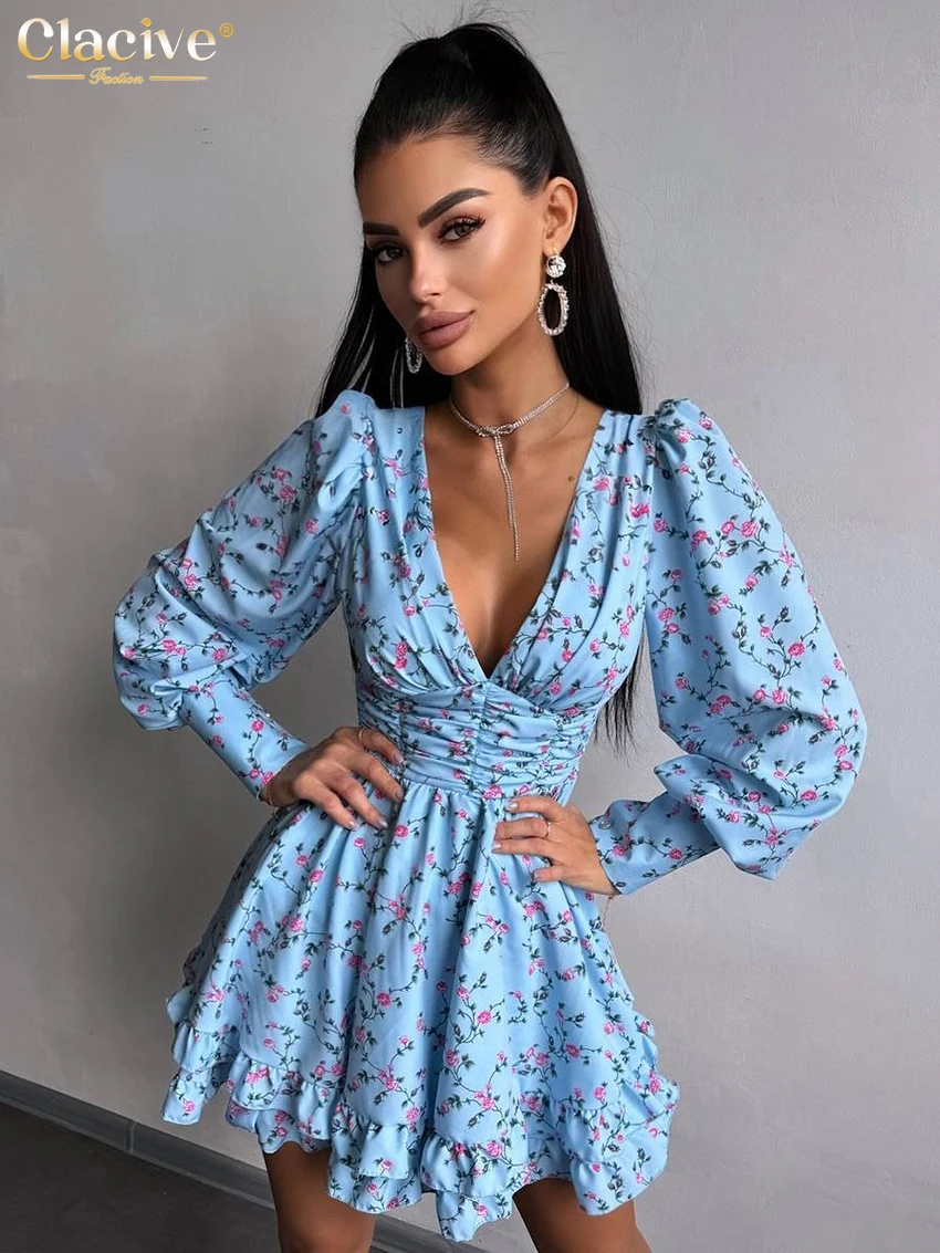 

Clacive Sexy Loose Print Women's Dress Fashion V-Neck Long Sleeve Mini Dresses Elegant Classic High Waist Pleated Female Dress