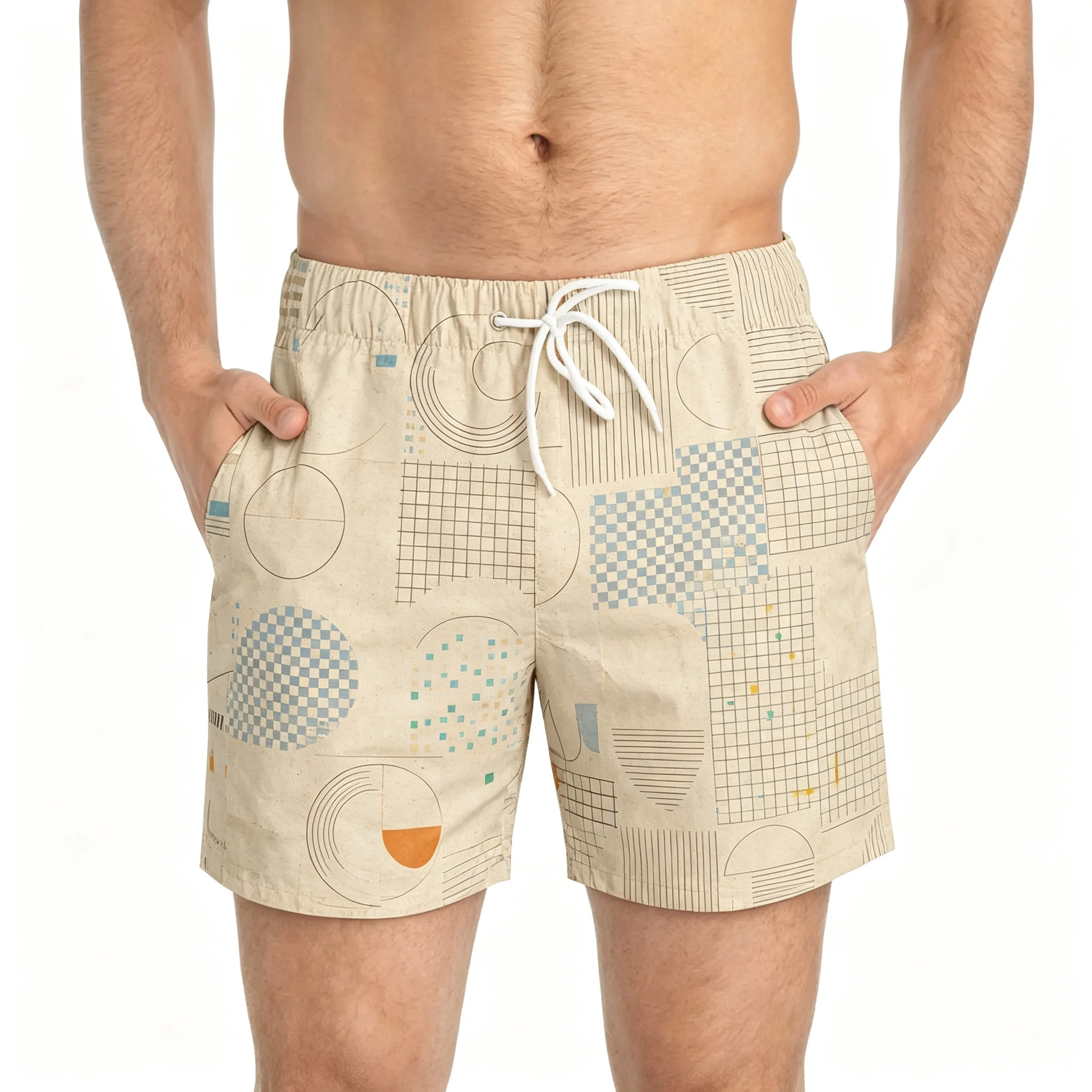 Men's Beige Geometric Patchwork Print Swim Shorts Elastic Drawstring Loose Quick Dry Light Beach Casual Board Trunks