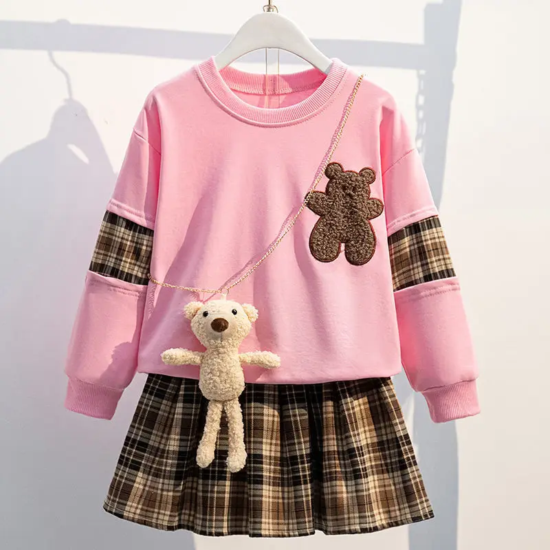 

Childrens Clothing Korean Long Sleeve Cute Pullover Top + Pleated Plaid Skirt Set Teenage Girls Clothing 10 12 14 Years Outfits