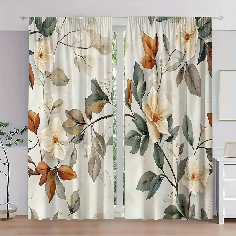 2PC Cream Magnolia Branch Sheer Curtains - Soft Earthy Botanical Print Window Drapes for Living Room Bedroom Decor