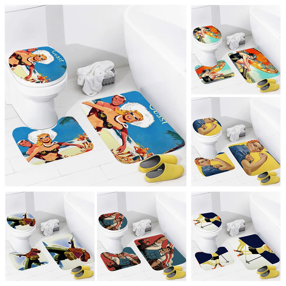 

American Retro Bathroom Non-Slip Mat Toilet Cushion Cover Combination Non-Slip Mat Toilet Bathroom Decoration three-piece set