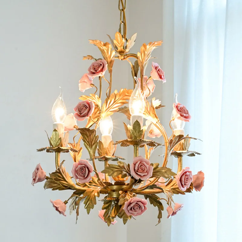 Floral E14 Led Chandelier Rose Copper Ceramics Chandeliers Dining Living Room Girls Bedroom Home Lighting Lighting Fixtures