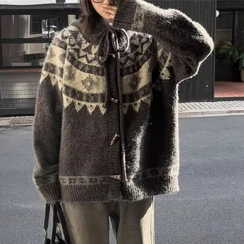 빈티지 페어 아일 니트 가디건 여성 일본 스타일 혼 버튼 스웨터 코트 여성 루즈 후드 롱 슬리브 가디건 여성용