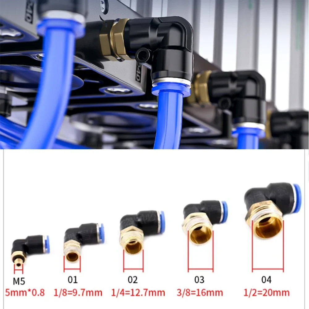 PL Elbow Pneumatic Fitting 0.8 1/8 1/4 3/8 1/2 PBT Male Thread Air Quick Connector L Shape Push In Hose OD 6mm 8mm 10mm 12 14mm
