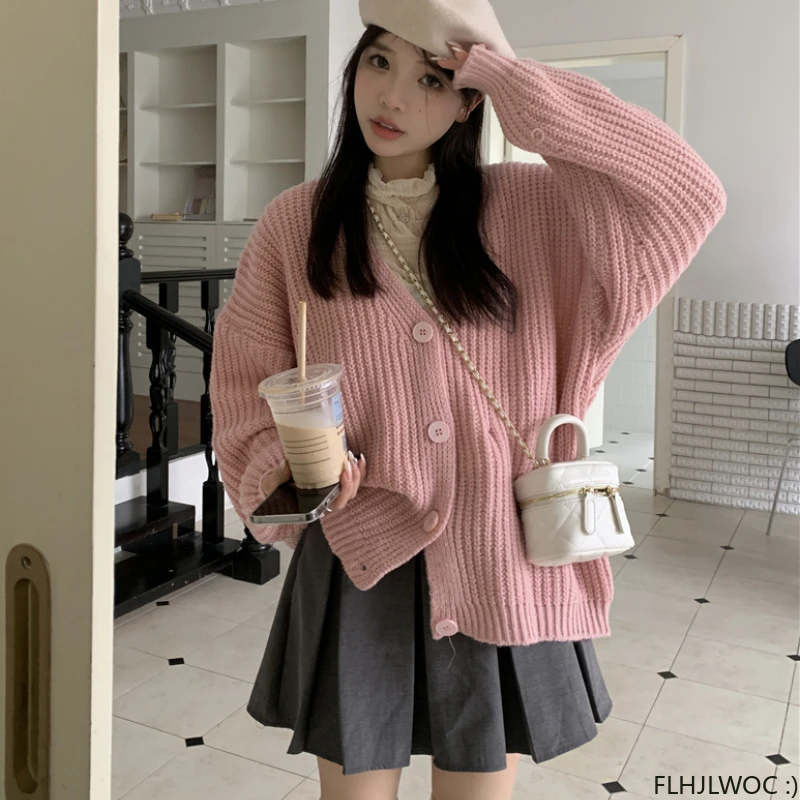 2023 Autumn Winter Coat Outerwear Casual Loose Lazy Japan Preppy Style Single Breasted Button Knitted Sweater Cardigans Pink