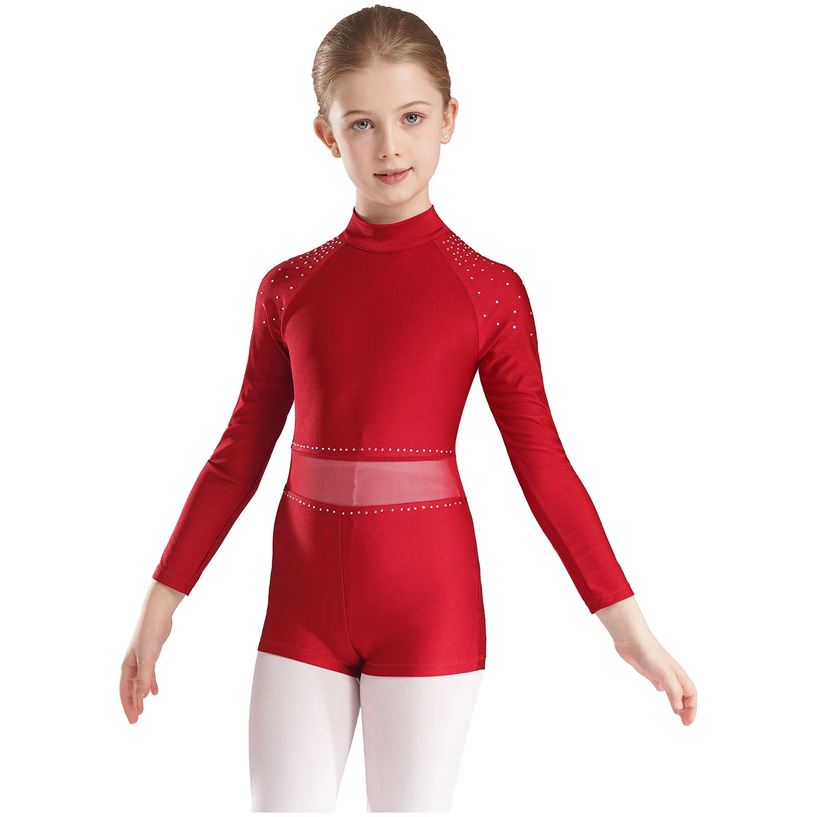 # 6-16 Mädchen Eiskunstlauf Gymnastik Tanz Performance Body Glitzernde Strass Langarm Overall Ballett Tanz Trikot