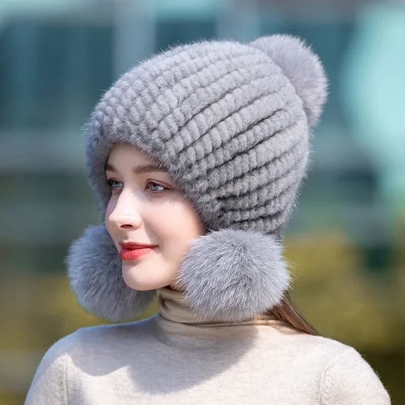 Gran oferta de invierno, gorro de piel auténtica de visón para mujer, gorro cálido con orejas de piel de visón tejido, gorros en espiral con pompón de piel de zorro en la parte superior