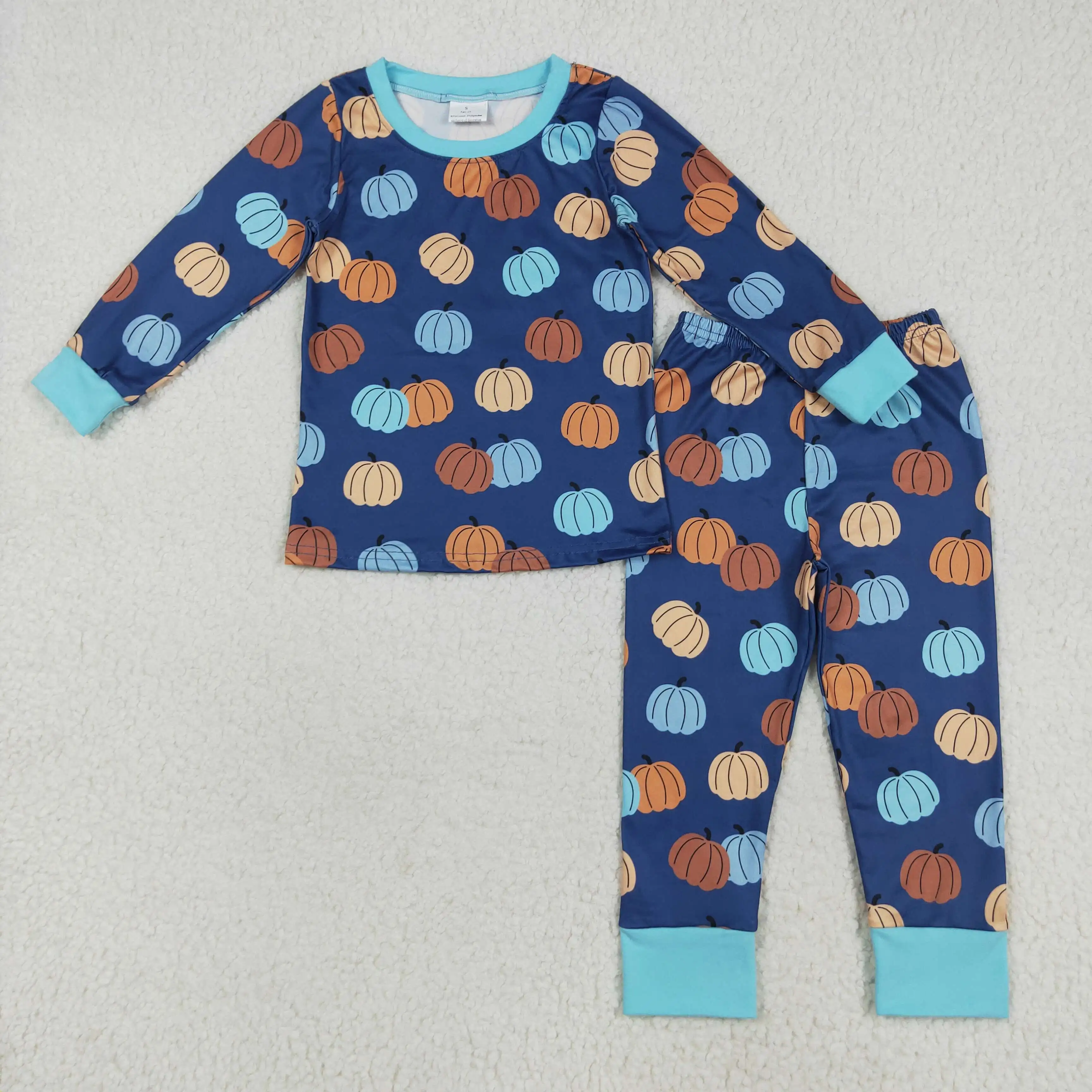 

Winter Thanksgiving Boys Thanksgiving Suit Wholesale Boutique Pumpkin Pattern Blue Long Sleeve Long Pants Pajama Set