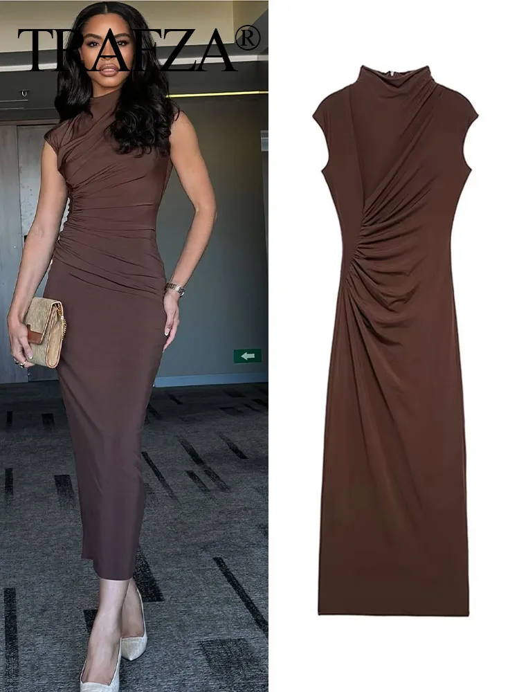 TRAFZA Women Elegant Slim Dress Brown Half Turtleneck Sleeveless Pleated Decoration Zipper Women's Summer Fashion Long Dresses