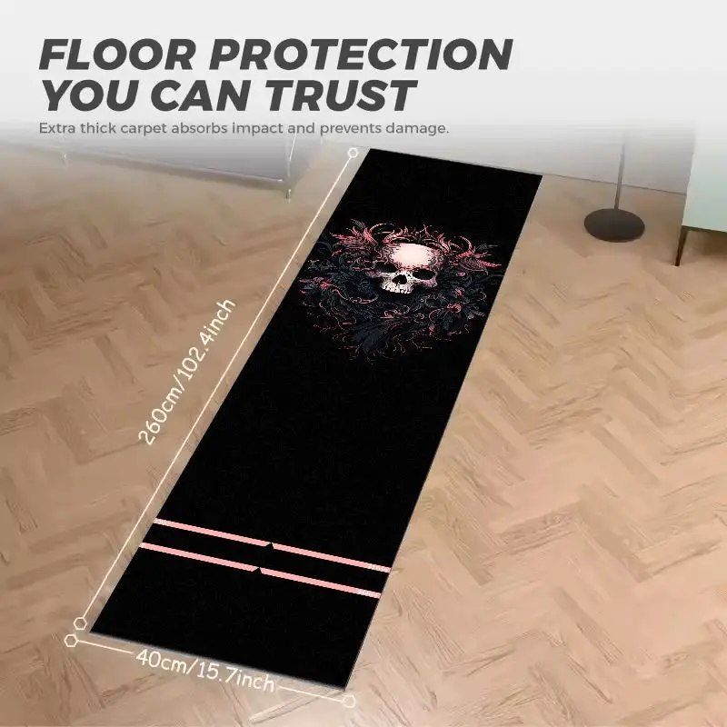 VIKAMA Rose Skull Graphic Dart Mat Marked Throw Lines Non Slip Anti Wear Dart Game Long Strip Floor Rug Professional Indoor
