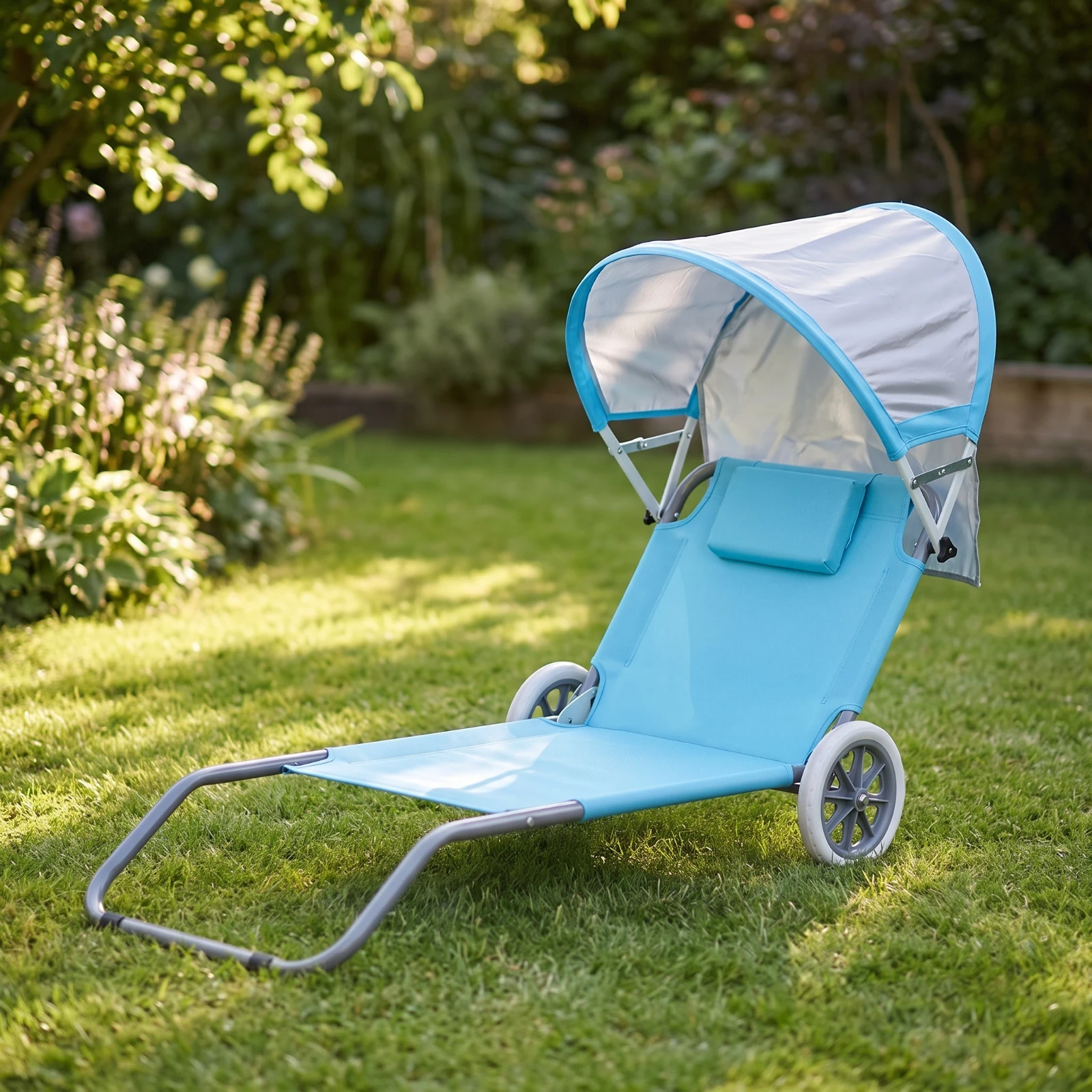 Beach Chair with Canopy Compact Folding Lounger with Wheels Beach Lounge Chair Heavy-Duty Recliner Stable for Sunbathers