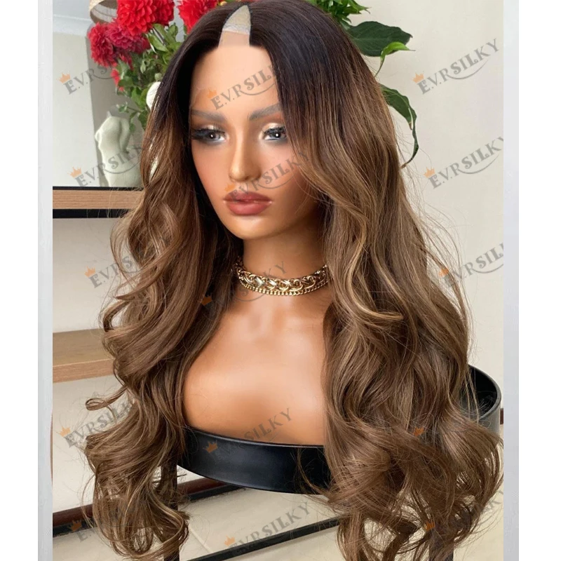 Opening Middle V Part Full Machine Made 180Density Human Hair Wigs for Black Women Ombre Darkest Brown V Part Wigs Daily Wear