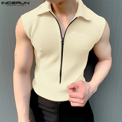 Men Tank Tops Solid Color Zipper Lapel Sleeveless Summer 2024 Fashion Male Vests Streetwear Casual Men Clothing S-5XL INCERUN