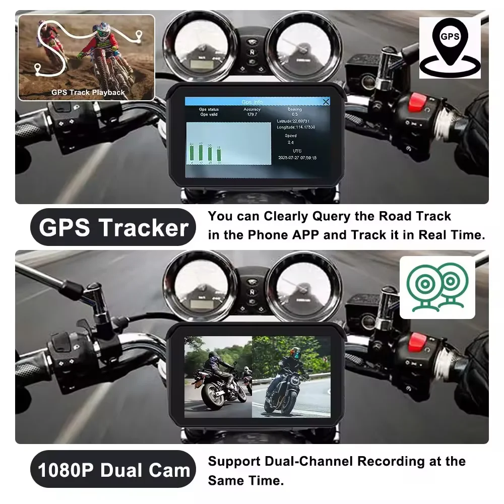 Waterproof Wireless Carplay For Motorcycle 5'' Touch Screen Android Auto With GPS TMPS Anti-shake Night Version Cameras Video