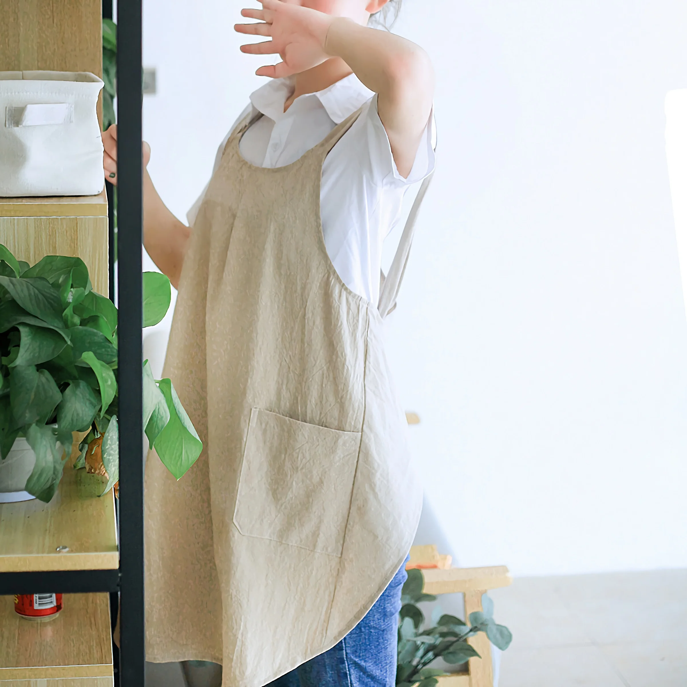 Women Cotton Linen Cross Back Apron Japanese Housework Baking Wrap korean Florist Dress Solid Color Garden Kichen Apron