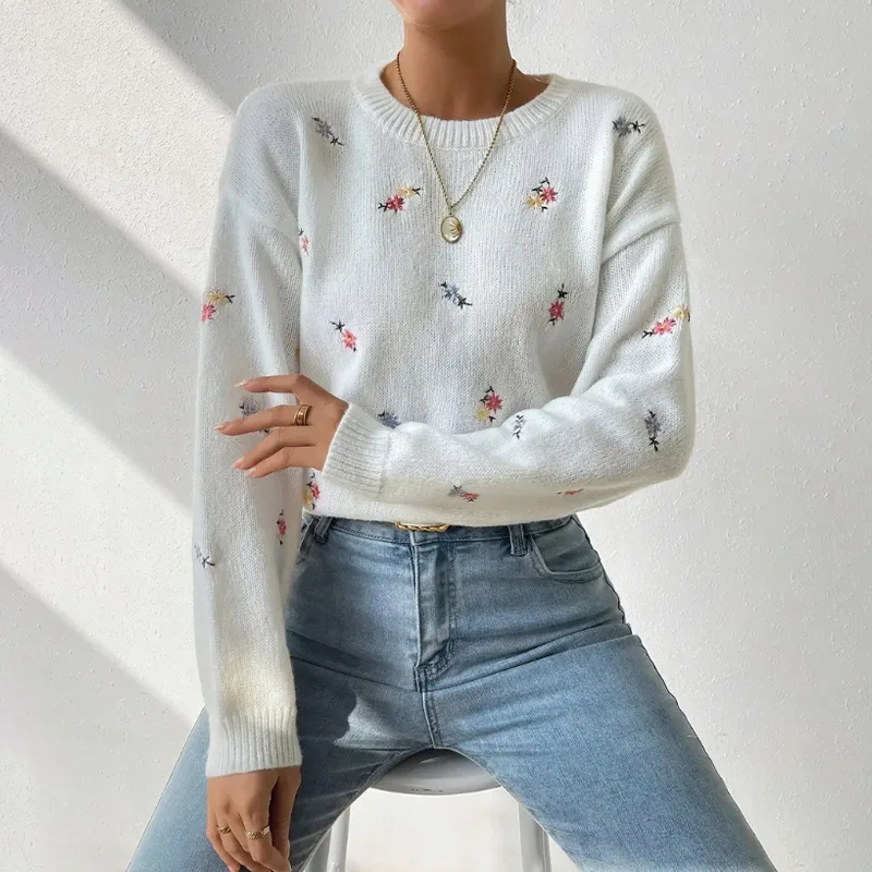 

Women Sweaters Print Long Sleeve Knitted Pullovers Thick Warm Jumpers Spliced Elegant Office Lady Regular Streetwear 2025