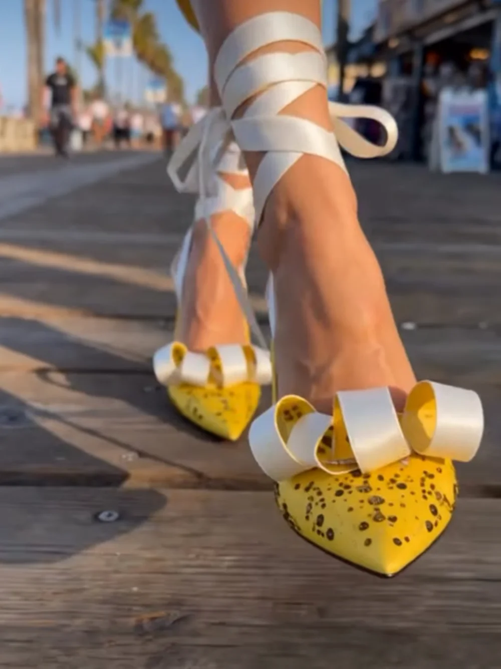 Bright Yellow Leopard Print Slingback Pumps Pointed Toe Stiletto Heel White Wrap Ribbon Tie Ankle Strap Fashion Evening Styling