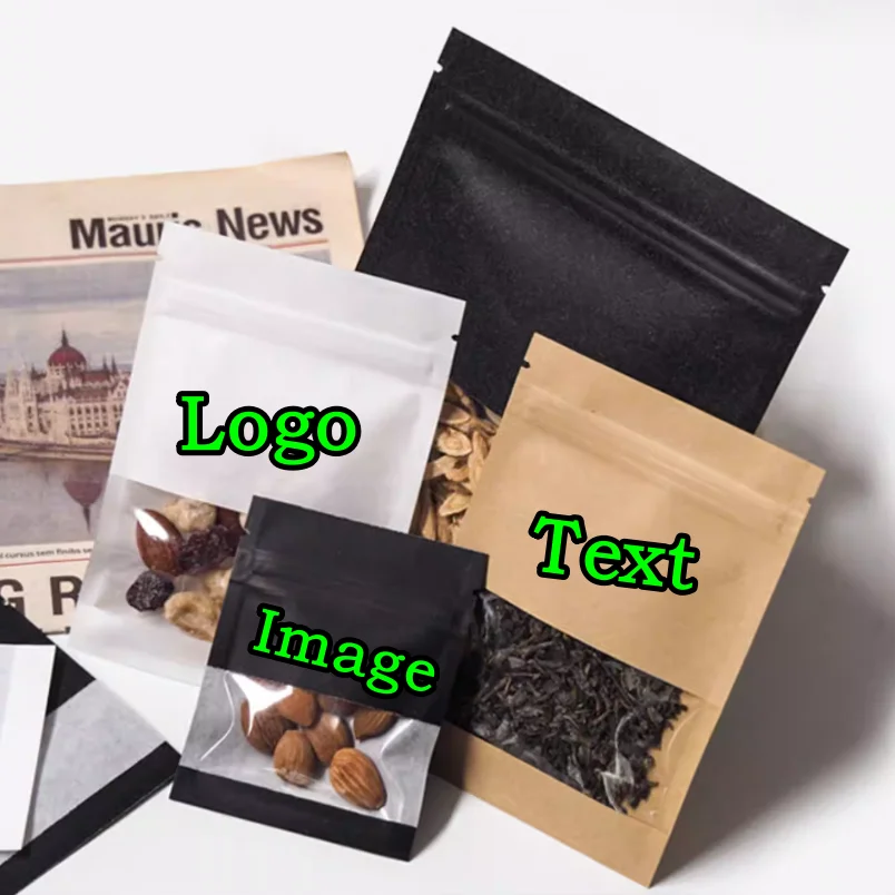 200PCS Flat White/Black Kraft Paper Window Ziplock Bag DIY Custom Logo Coffee Beaf Snack Candy Sugar Tea Gift Storage Pouches