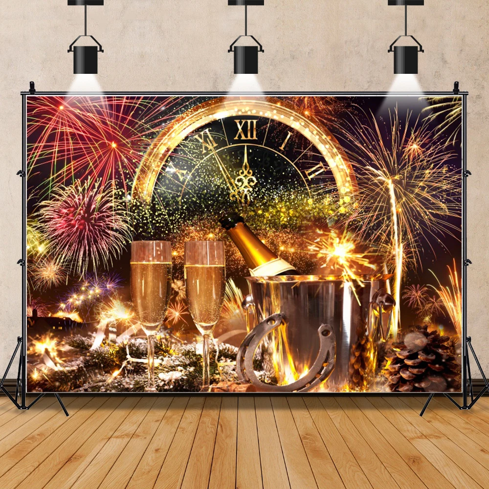خلفية التصوير الفوتوغرافي للعام الجديد ، الألعاب النارية ، الشمبانيا ، الساعة ، الاحتفال ، الحفلة ، عيد الميلاد ، الخلفية ، استوديو الصور ، الدعائم ،