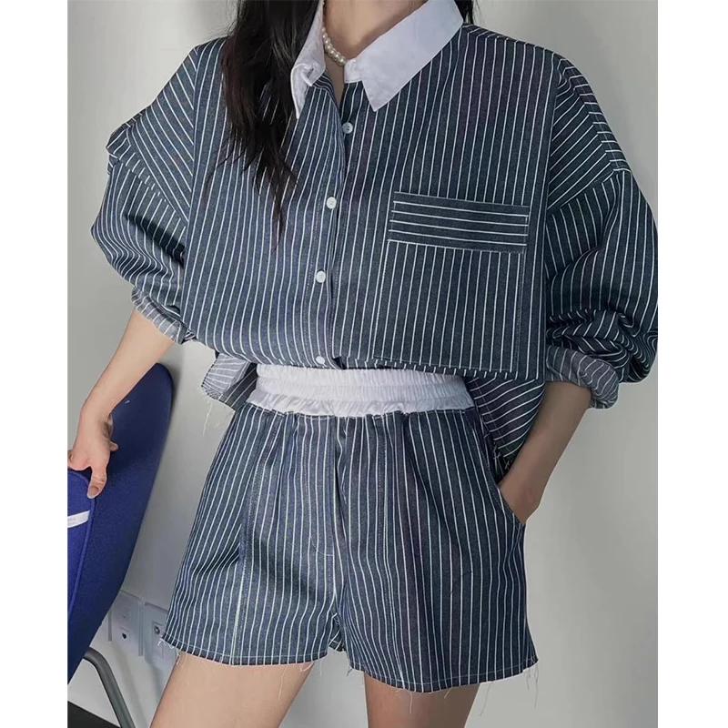 

Chic Vintage Spring Plaid Denim irt And Elastic Waist Wide Leg orts Set Women's Faionable Two-Piece Cotton Outfit
